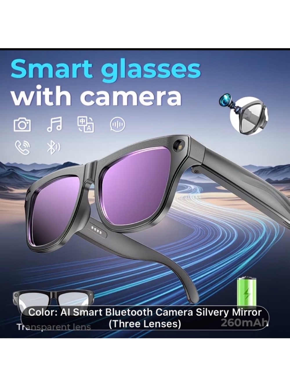 AI Smart Bluetooth Camera Sunglasses NWT